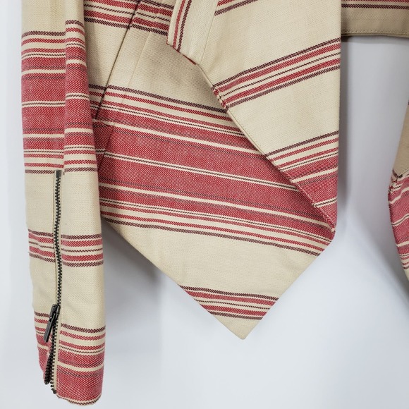 BCBGMaxazria Striped Abbey Blazer XS Asymmetrical Open Front 100% Cotton Tan Red - Picture 9 of 11